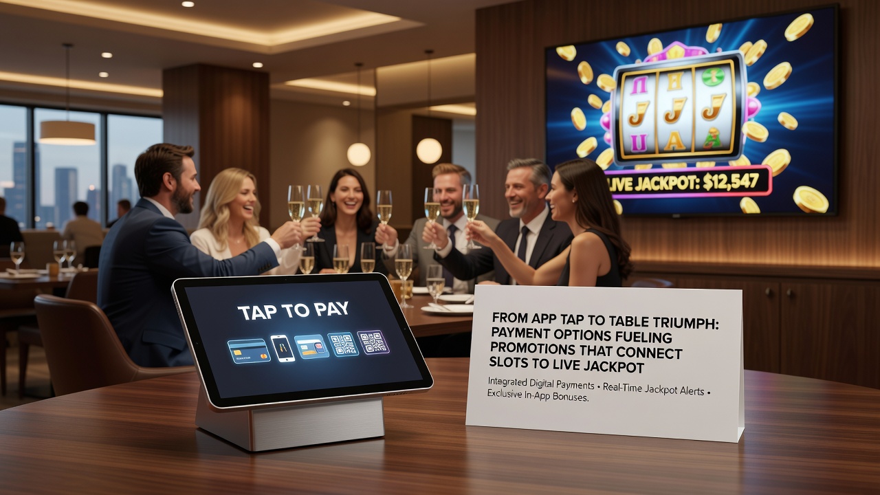 Live casino floor with integrated jackpot displays connected to slot terminals via digital payment pathways