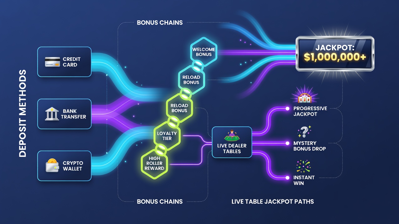 Flowchart of bonus chain progression linking deposits to live table jackpot access